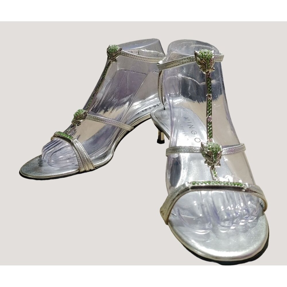 Mingo Portofino Vero Cuolo Italy Heels Silver Lime Green Crystals Panther Jaguar